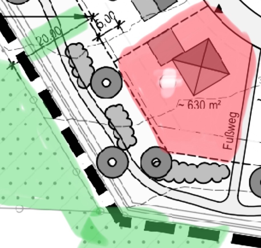 Site plan: red building area with footpath, adjacent green space and trees.