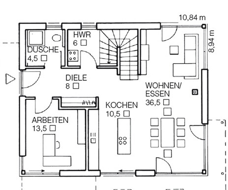 Grundriss eines Hauses mit Wohnzimmer, Küche, Arbeitszimmer, Diele und Dusche