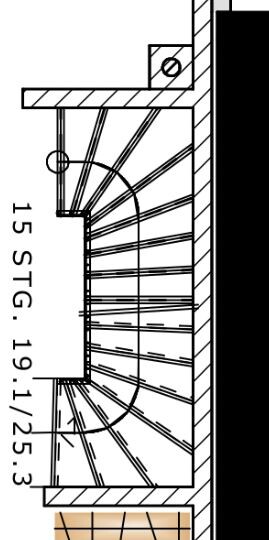 Grundrisszeichnung einer Spiraltreppe mit umlaufenden Stufen