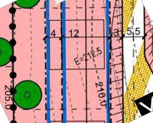 Part of a site plan with parcels, dimensions and trees