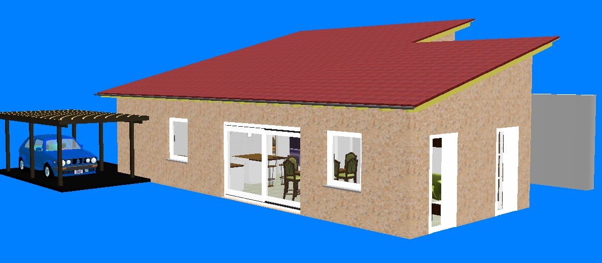 Single-family house with red roof, beige facade, carport with blue car, glass sliding door and window.