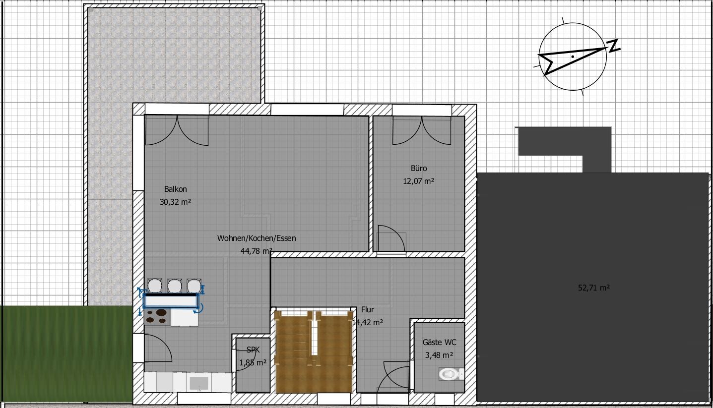 Floor plan of the apartment: balcony, living/cooking area, office, hallway, guest WC, pantry, right area.