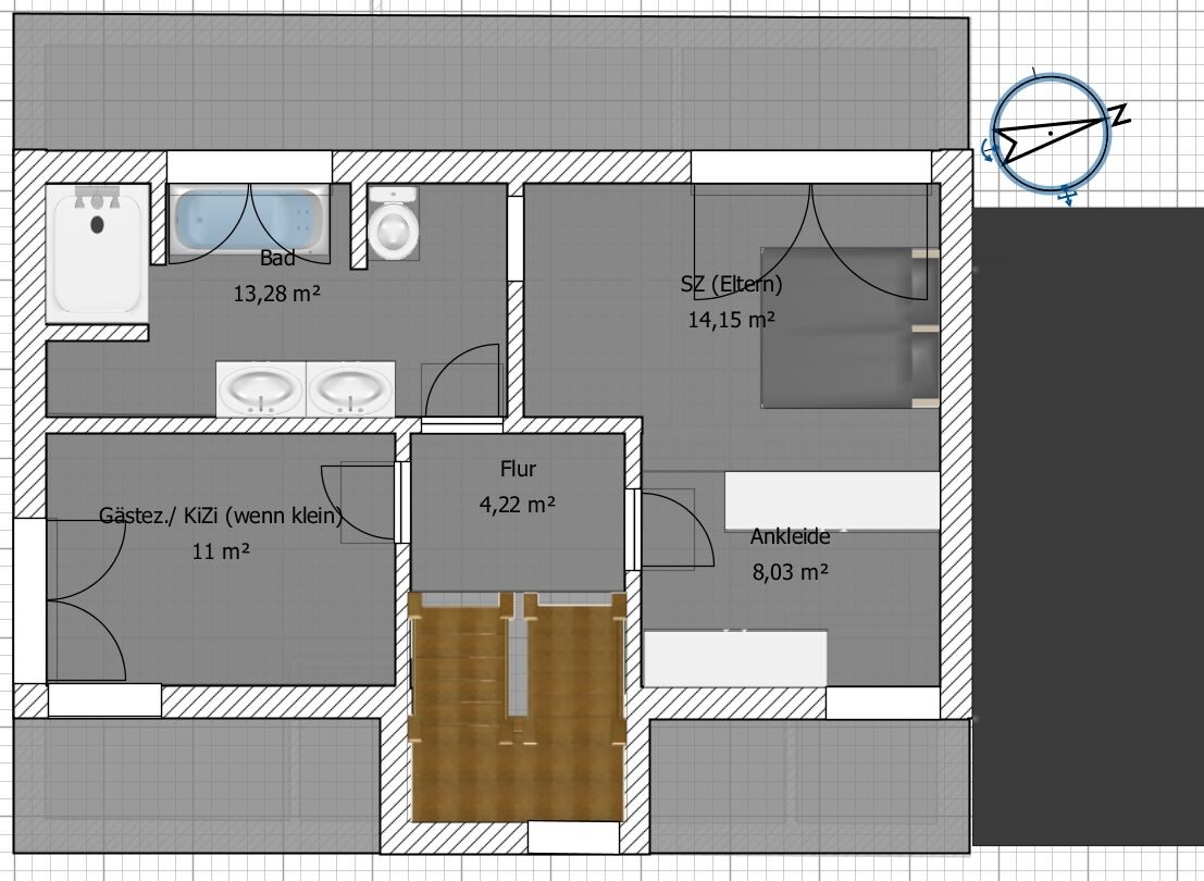 Floor plan of an apartment: bathroom, master bedroom with dressing area, guest room, hallway, staircase.