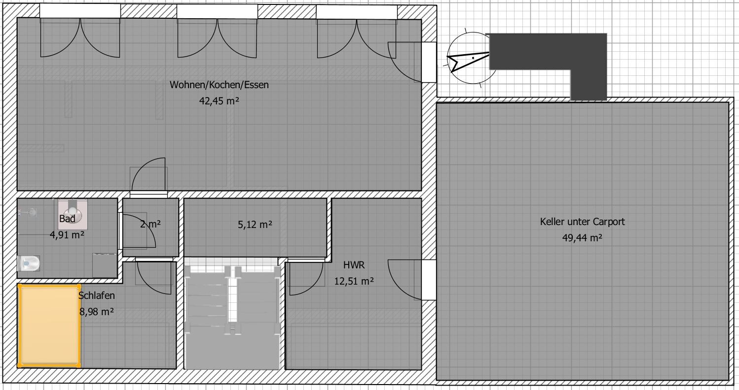 Floor plan of a house: living/cooking/dining area, bathroom, sleeping, utility room, basement under carport.
