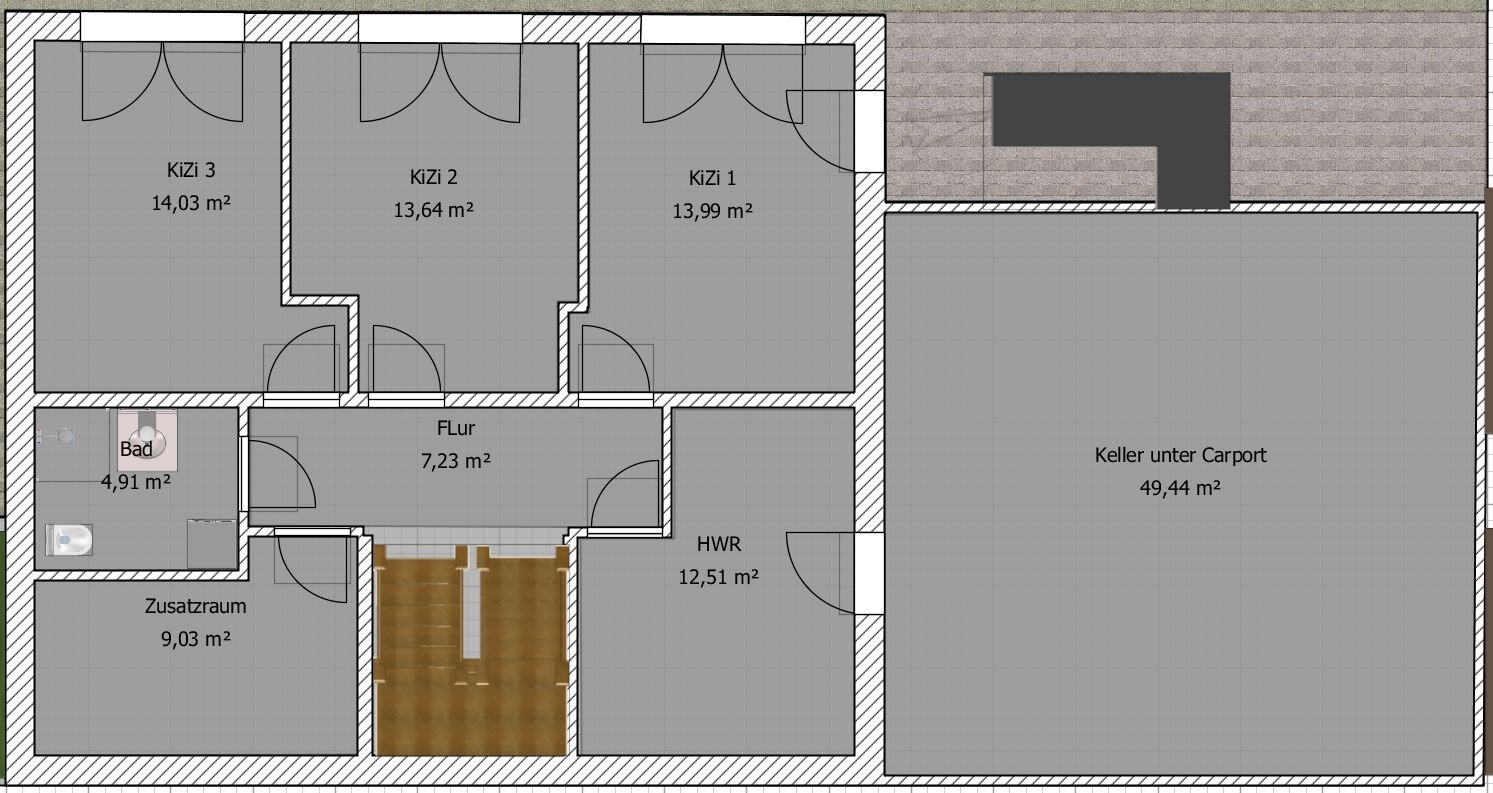 Floor plan: three children’s rooms, hallway, bathroom, additional room, utility room, staircase; large basement under carport.