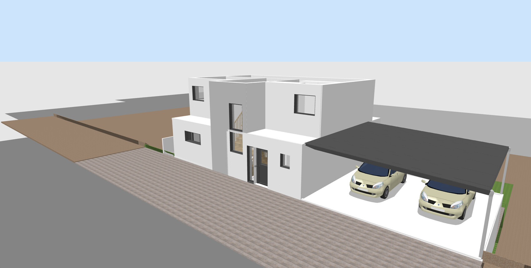 Modern white villa with carport and two parked cars.