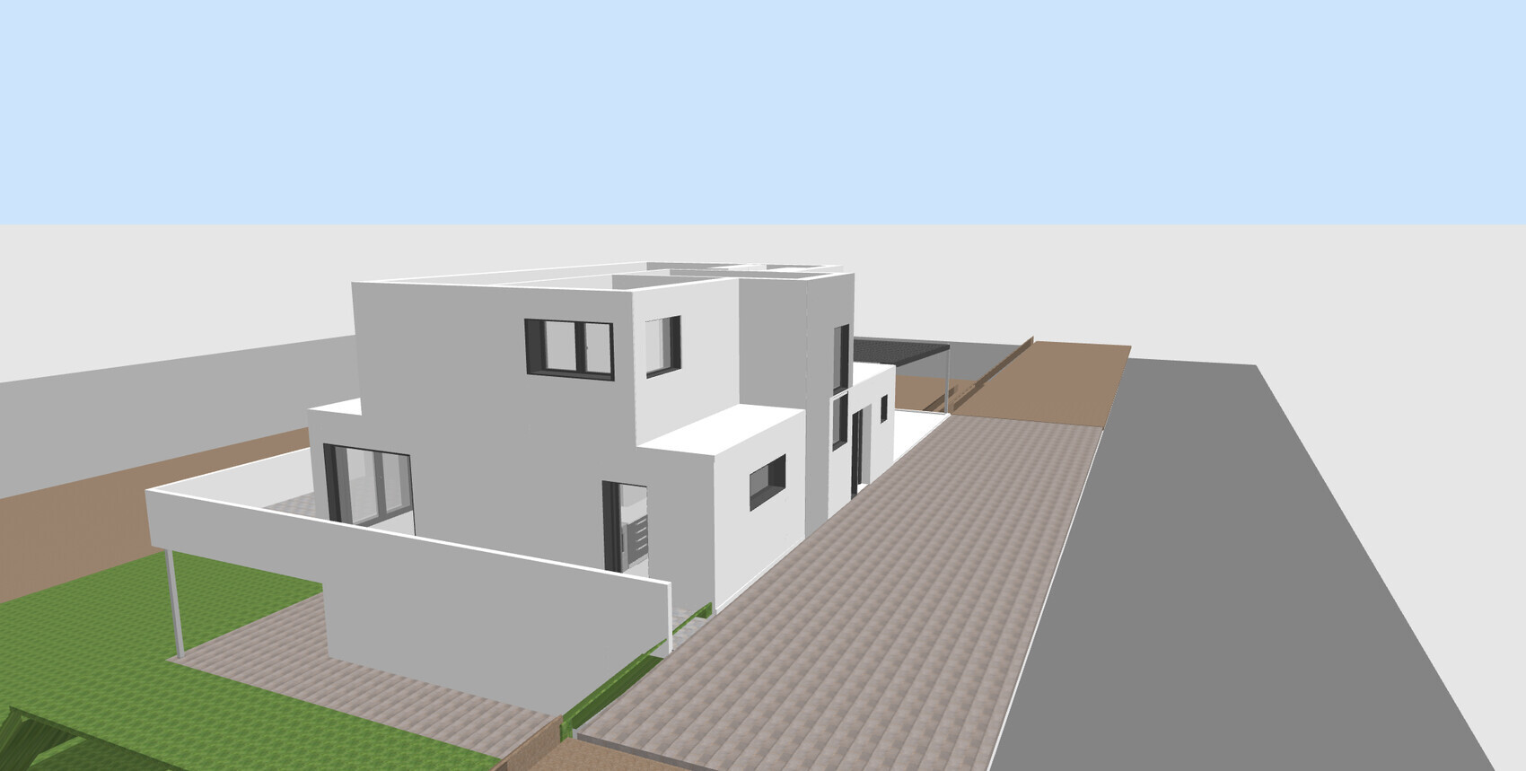 Modern white villa with flat roofs, terraces, driveway and garden from a 3D view