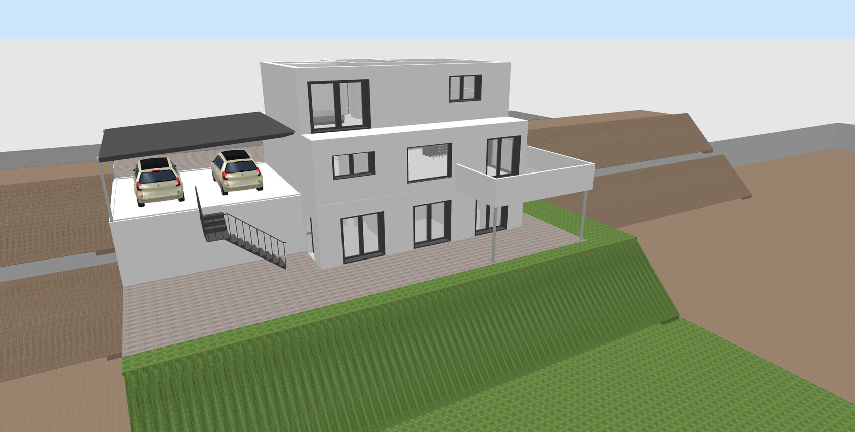Modern grey villa with carport, two cars and balcony on sloping plot.