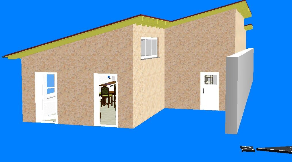 Beige house with open doors; interior visible with chair and table; blue background