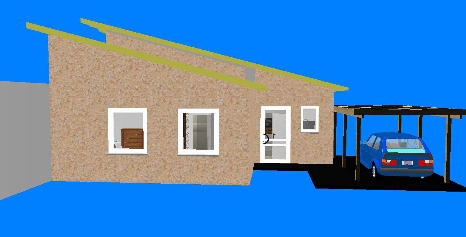 Single-family house with sand-colored render facade, window, entrance door and carport with blue car.