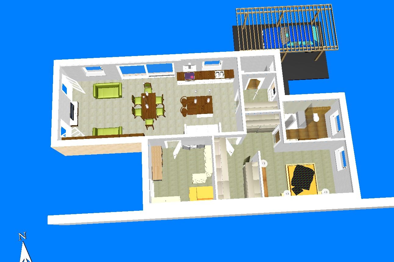 3D floor plan of a house: living room, dining area, kitchen, hallway, bedroom, bathroom, balcony