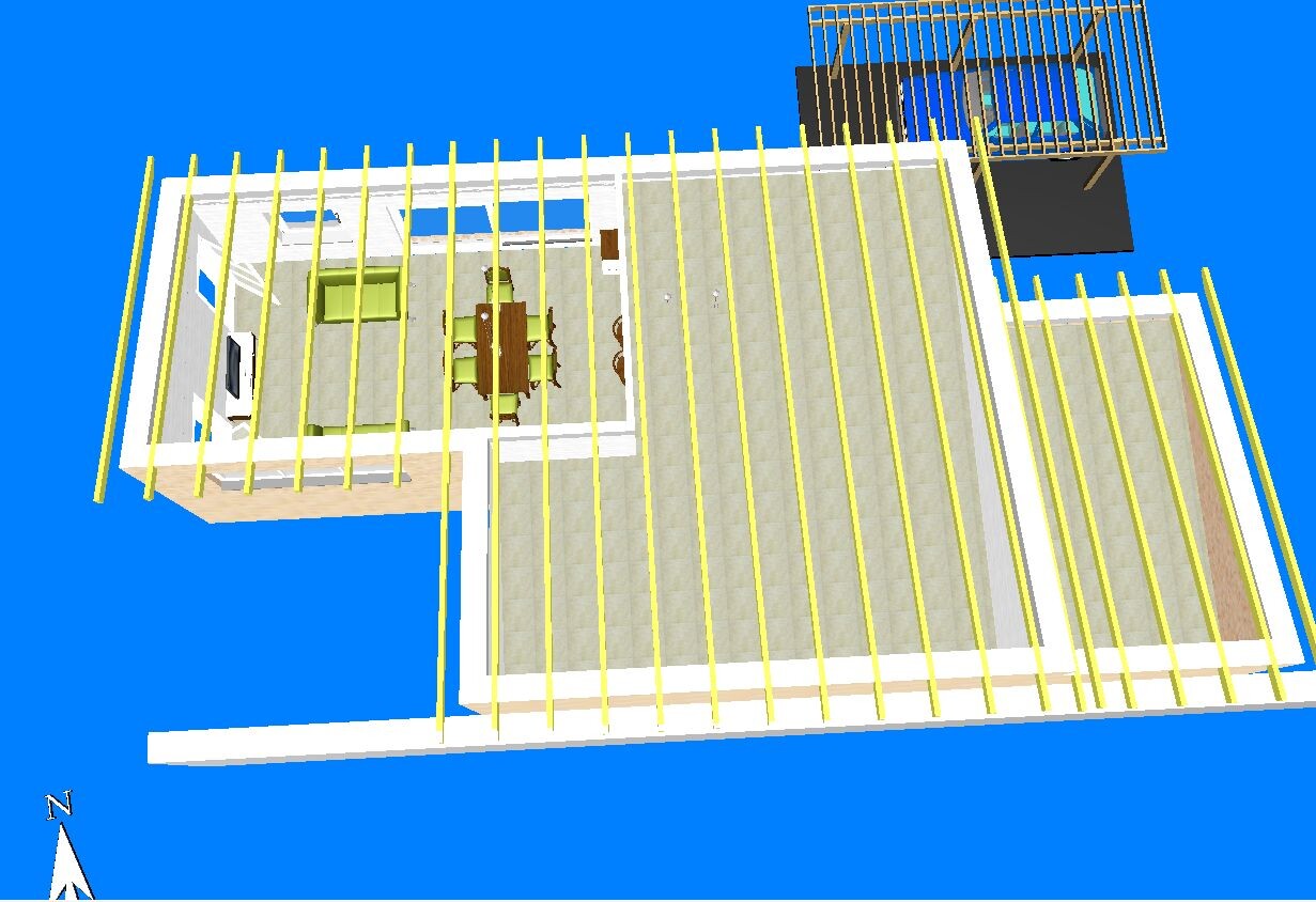 3D plan of a house: interior with dining table, chairs, sofa, TV; yellow roof beams.