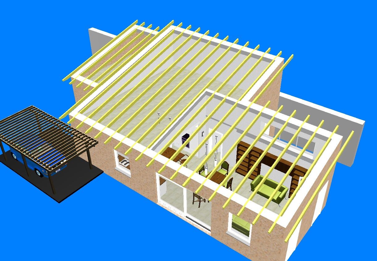 3D house with yellow rafters, open living area and carport on the left.