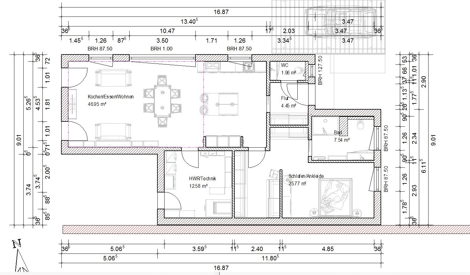 Floor plan single-family house: open kitchen/dining/living area on the left, utility/technical room bottom left, sleeping/dressing rooms on the right.