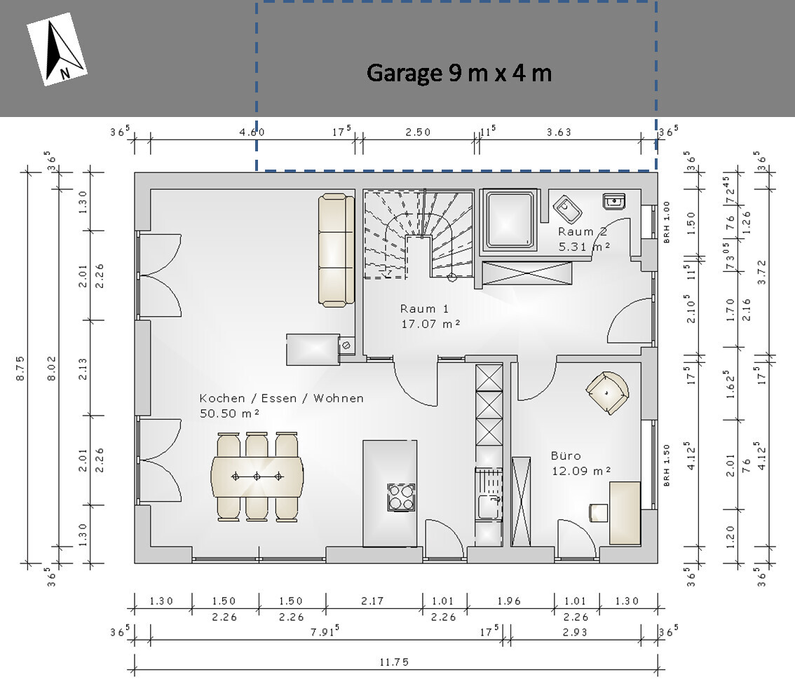 2D floor plan of house with living area, kitchen, office and garage