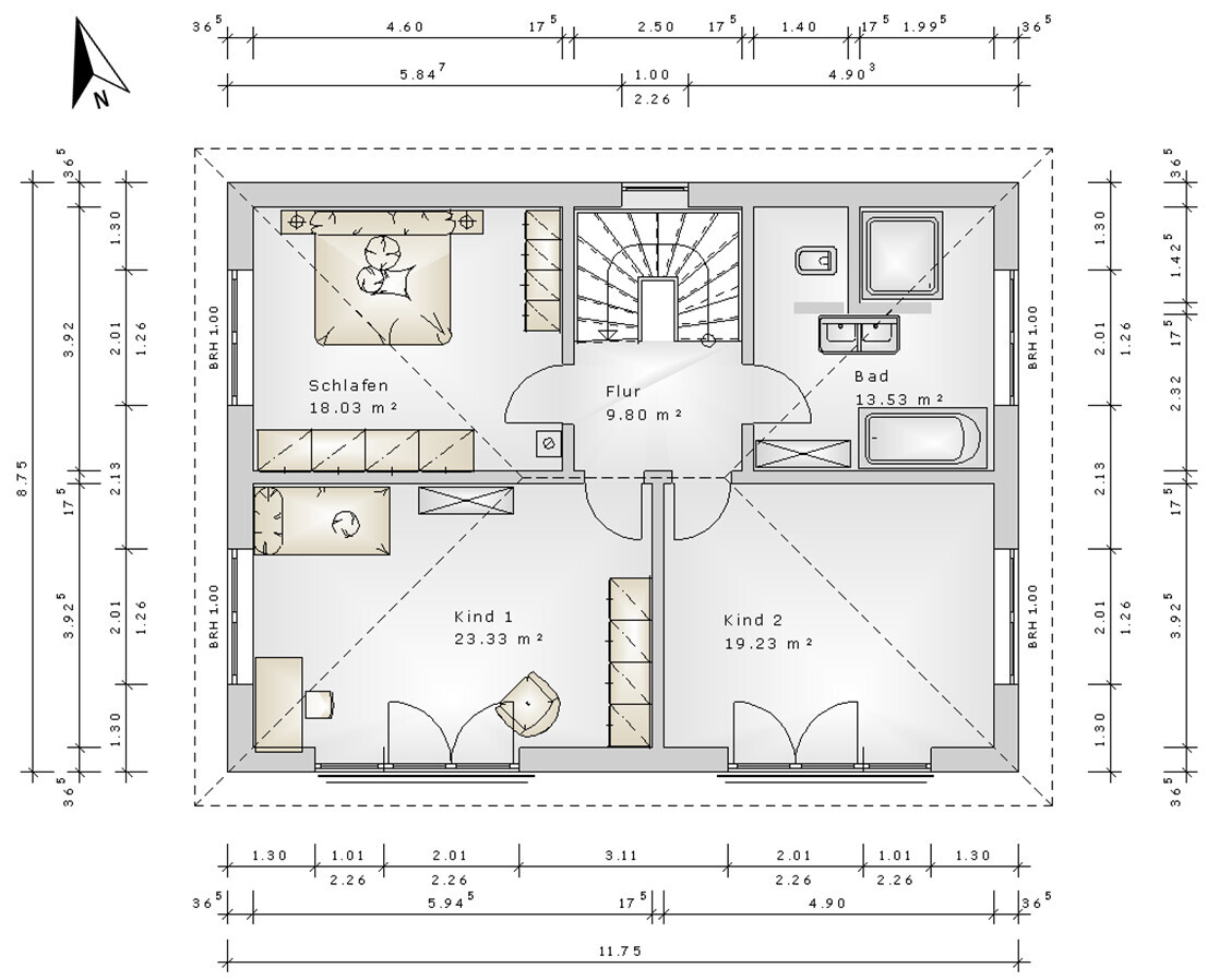 Detailed floor plan of house with master bedroom, two children’s rooms, hallway and bathroom
