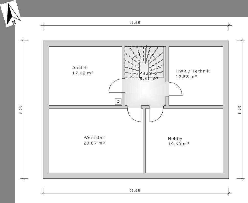 Basement floor plan with storage, workshop, hobby room, utility/technical room and staircase