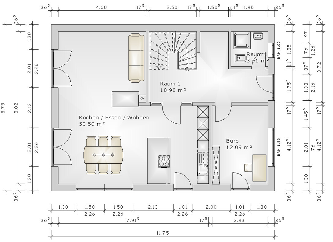 Floor plan of a house with open kitchen, dining area, living room and office