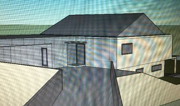 3D-Render eines modernen Einfamilienhauses, Außenansicht mit Fronttreppe