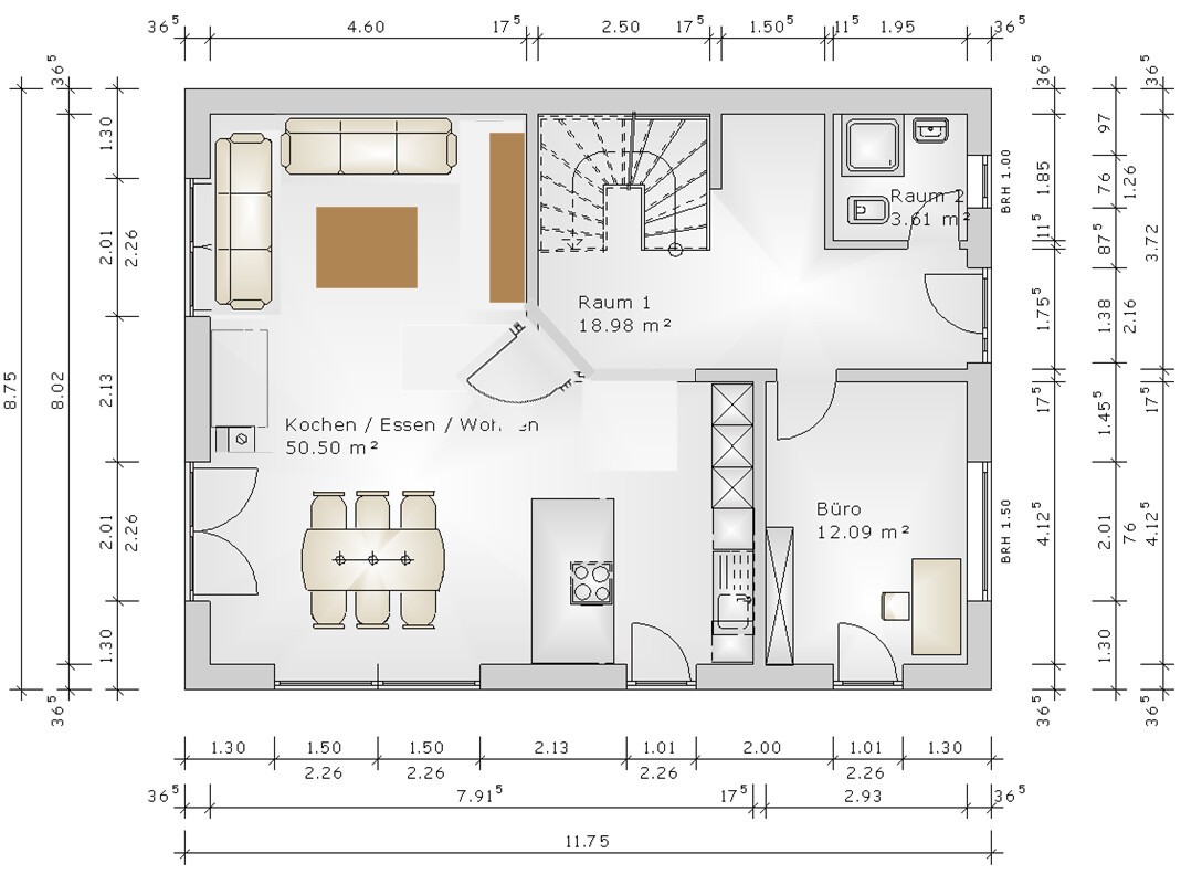 Floor plan of a house with kitchen, dining nook, living room, and office