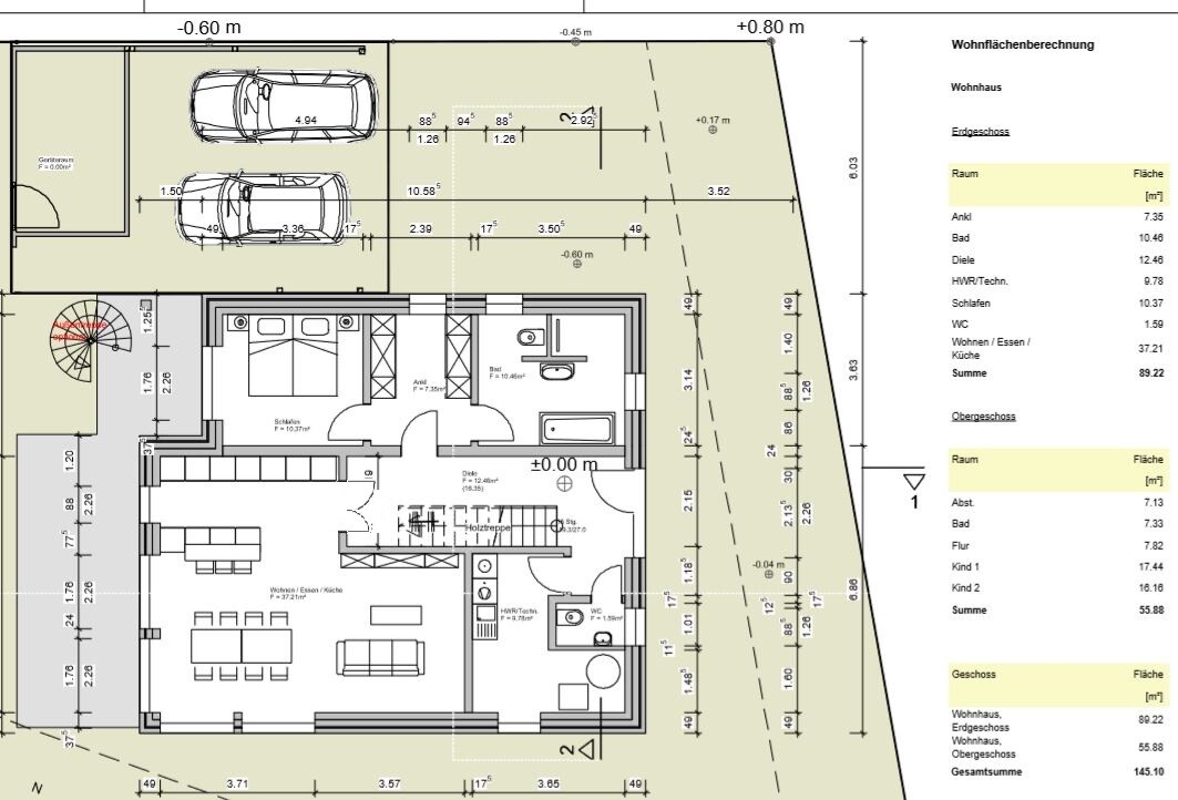 Grundriss eines Hauses: Garage mit zwei Autos, Treppenhaus, Wohnzimmer, Küche und Schlafzimmer.