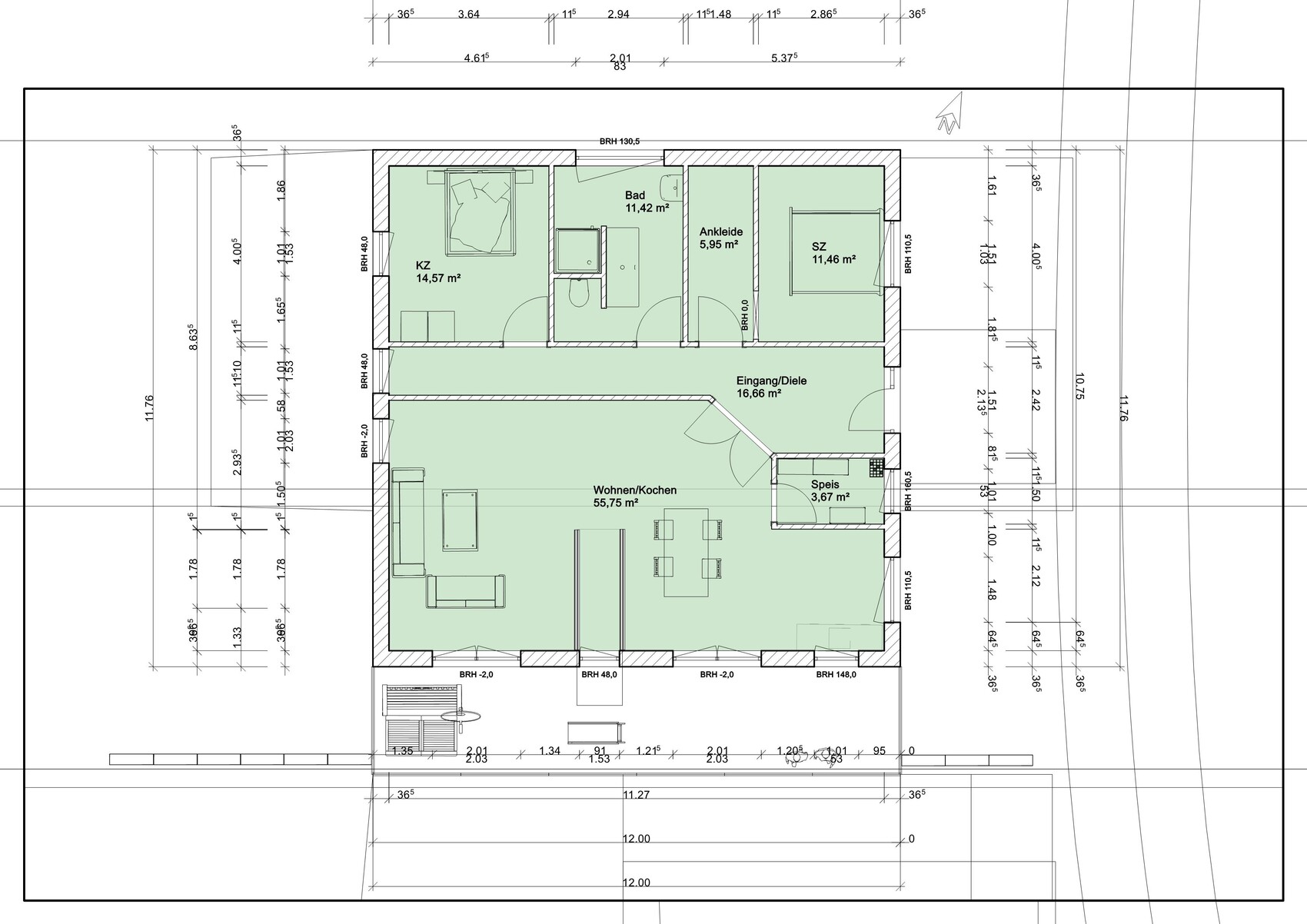 Grundriss eines Hauses mit offener Wohn-/Kochzone, Bad, Schlafzimmer, Ankleide und Eingangsbereich
