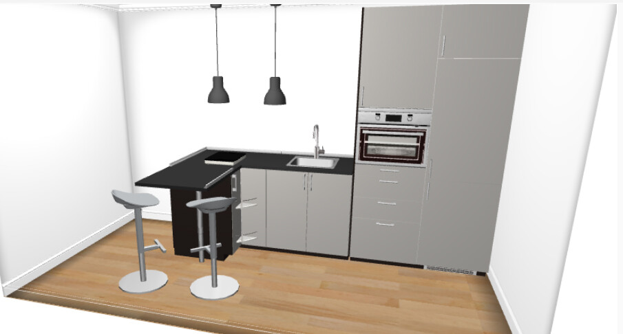 Moderne 3D-Küche mit Insel, Barhockern, Spüle und Einbauofen