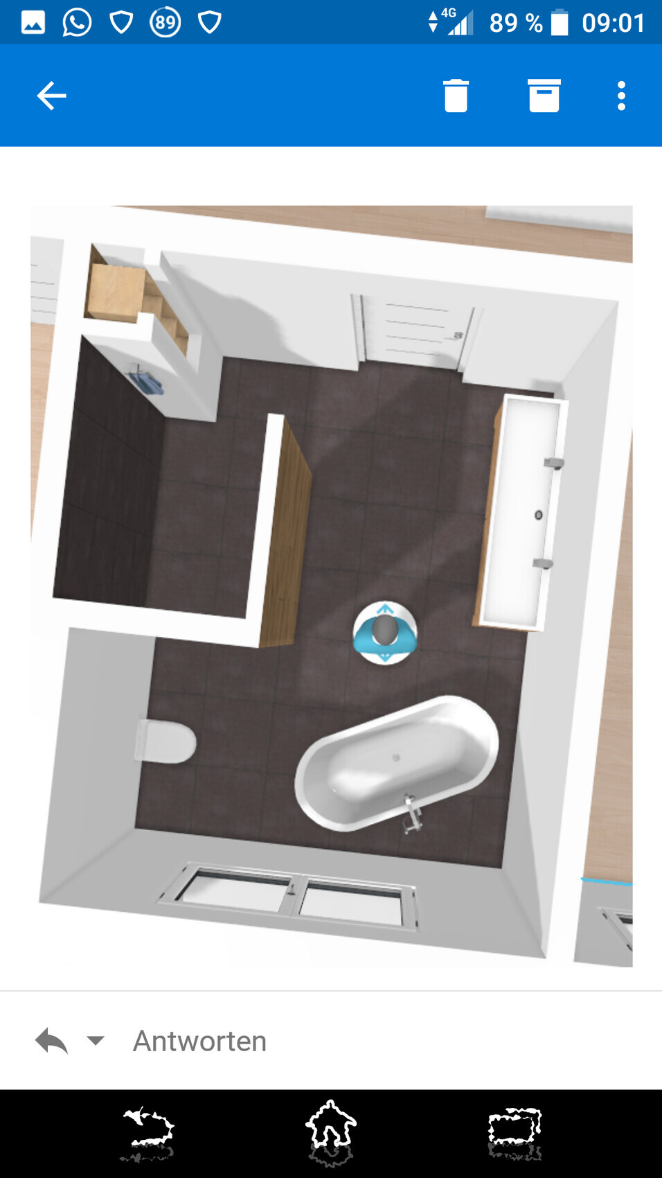 3D bathroom with bathtub, sink, and toilet from bird’s-eye view