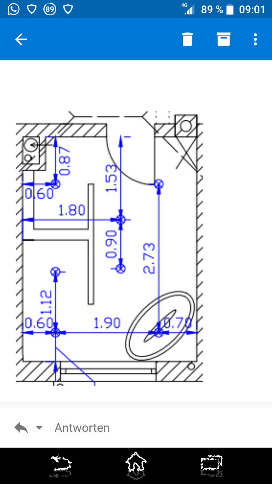 2D floor plan with blue measurement lines, doors, and wall layout
