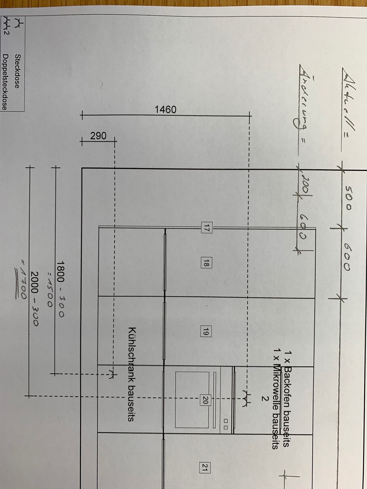 Architect's plan: kitchen area in the floor plan with dimensions, oven and microwave