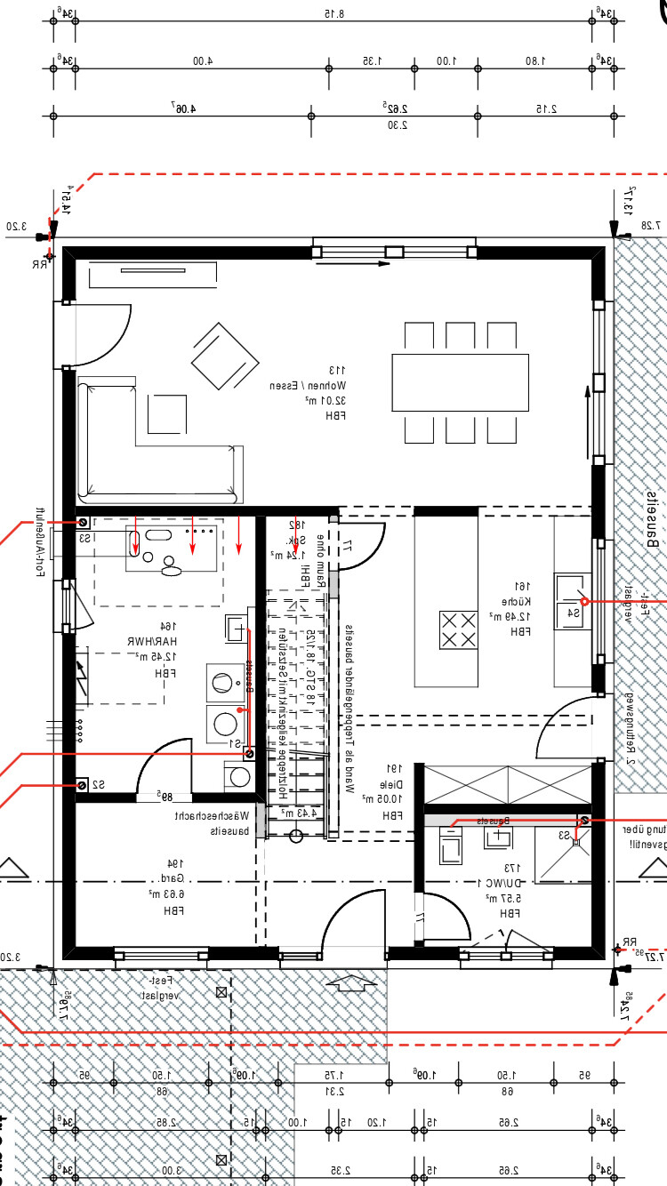 Grundriss: Wohnzimmer, Essbereich, Küche, Bad, Schlafzimmer, Treppenhaus, Außenbereich, Maße.