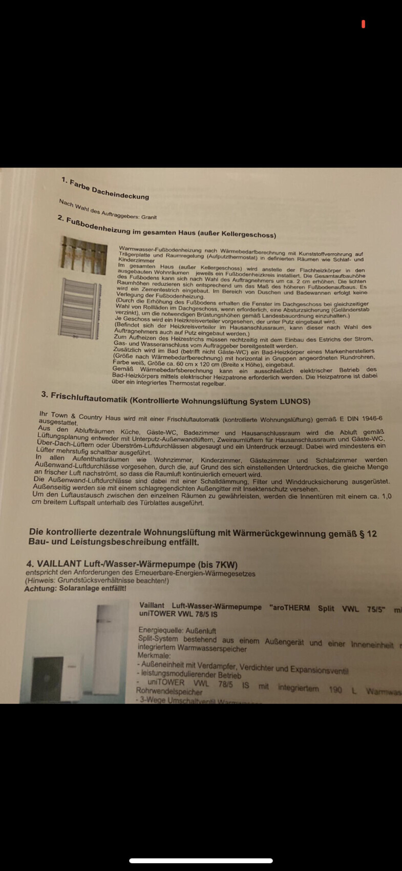 Printed page from a manual about roof covering, underfloor heating, fresh air automatic system, and heat pump.