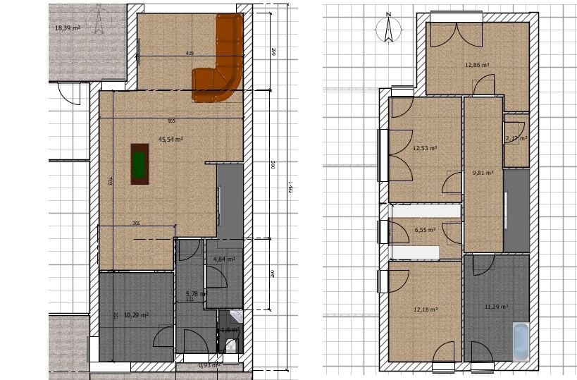 Two-story floor plan with rooms on the ground and upper floors