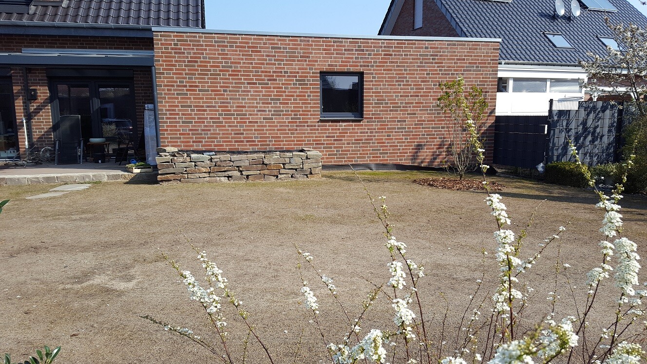 Front garden with red brick house, small extension, stone wall, and blooming branches in the foreground.