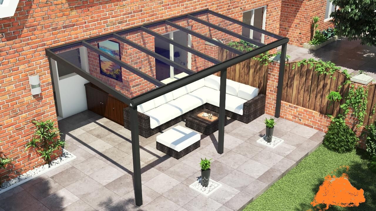 Garden lounge under black pergola with white cushions on rattan corner sofa in courtyard.