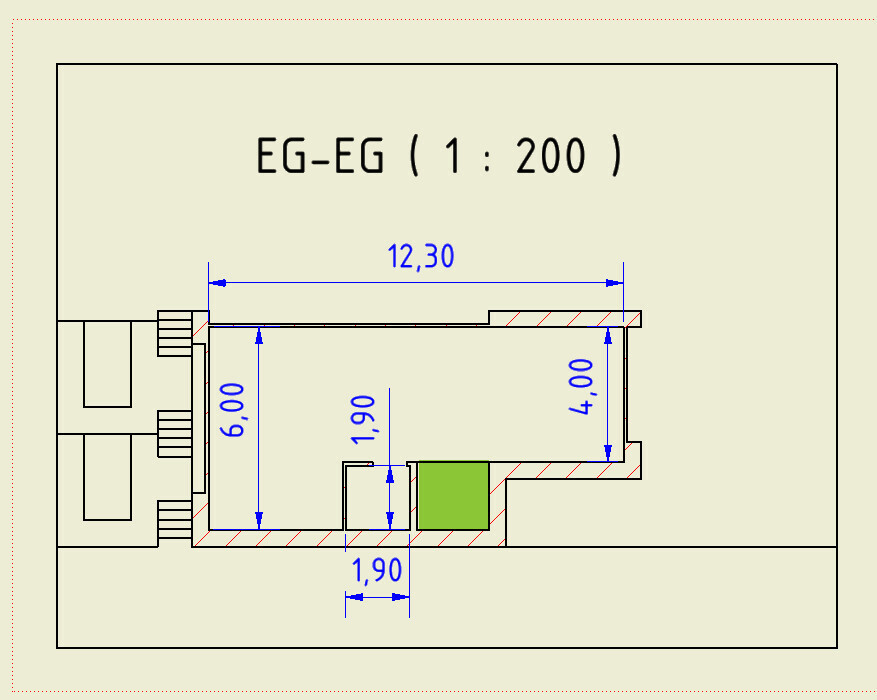 Technical floor plan of a building section with measurements, green highlighted area.