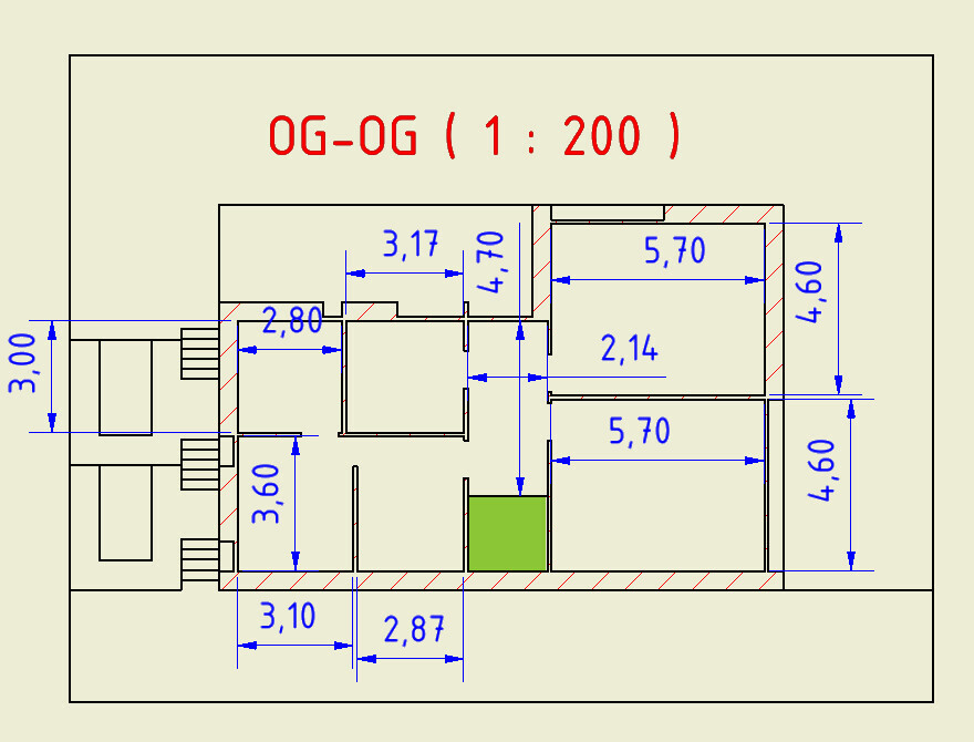 Architectural floor plan of an upper floor, scale 1:200, rooms, stairs, and green area.
