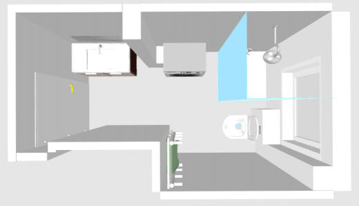 Top view of a 3D kitchen floor plan with appliances and work surfaces.