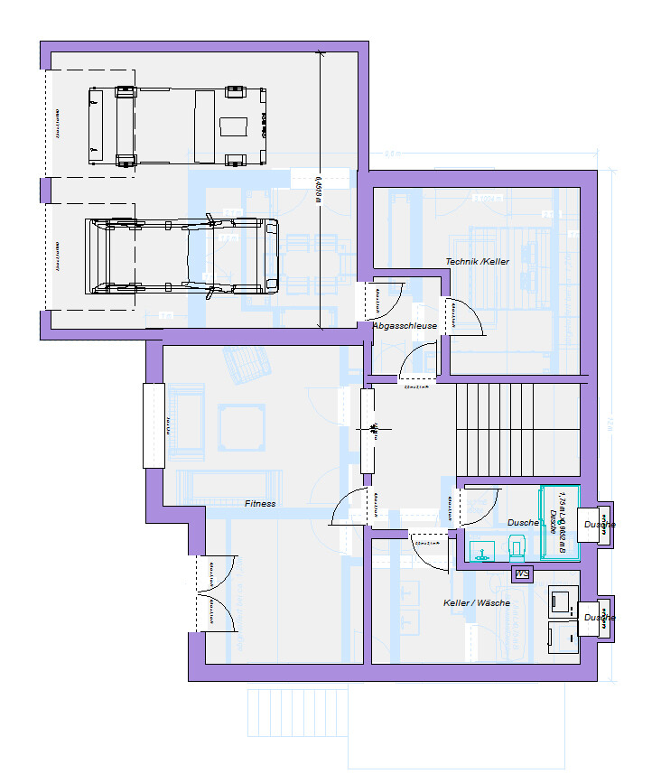 Floor plan of a house: garage for two vehicles, fitness room, technical and basement areas.