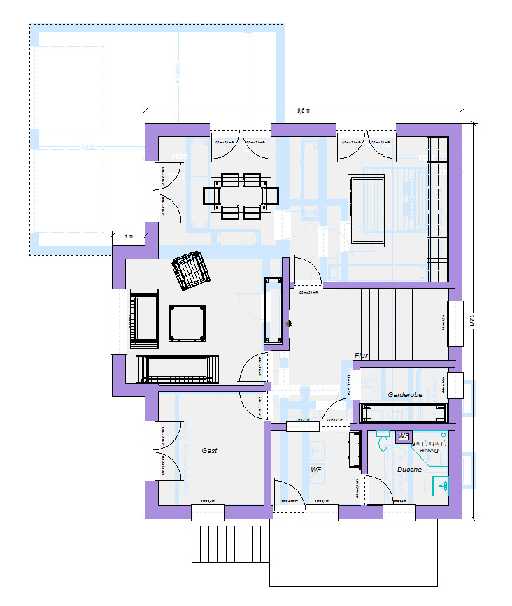 Floor plan of a house: living and dining area, hallway, cloakroom, shower, and guest room.