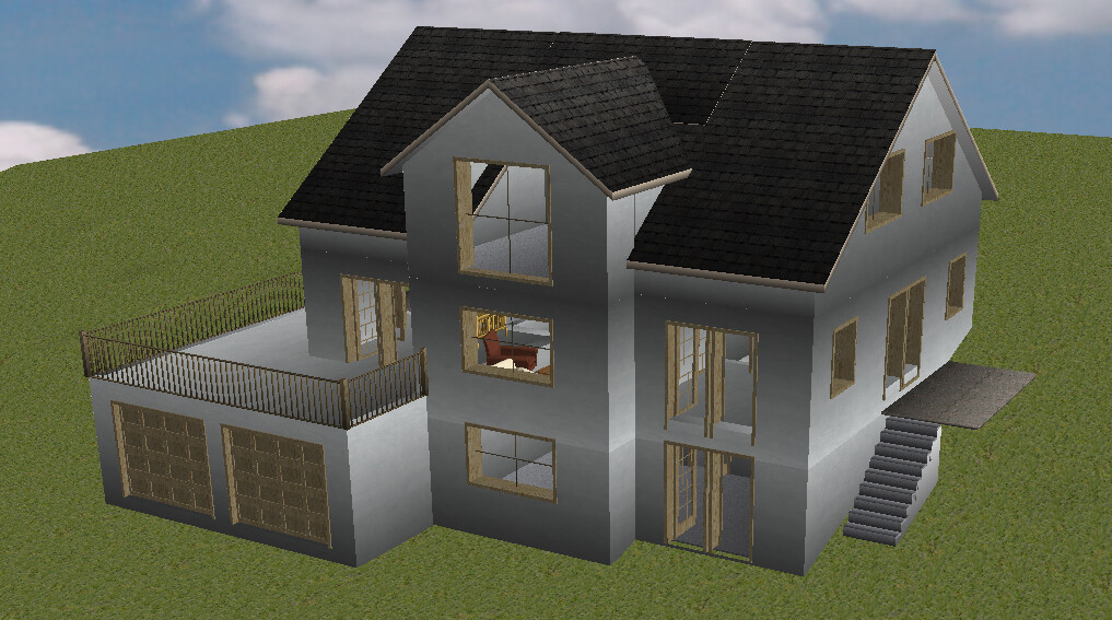 3D model of a multi-story house with garage, balcony, staircase on a green slope.