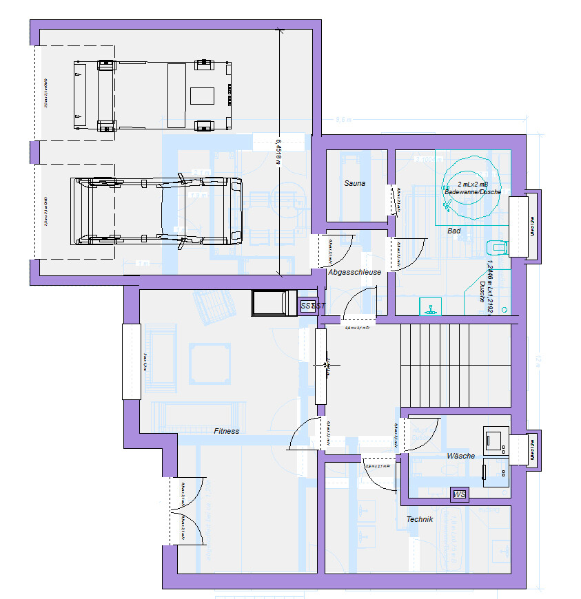 Floor plan of a house: double garage, gym, sauna, bathtub, laundry, technical room.