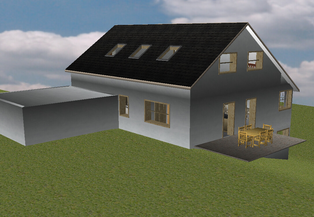 Two-story house with dark roof, three skylights, left extension, terrace with wooden table.