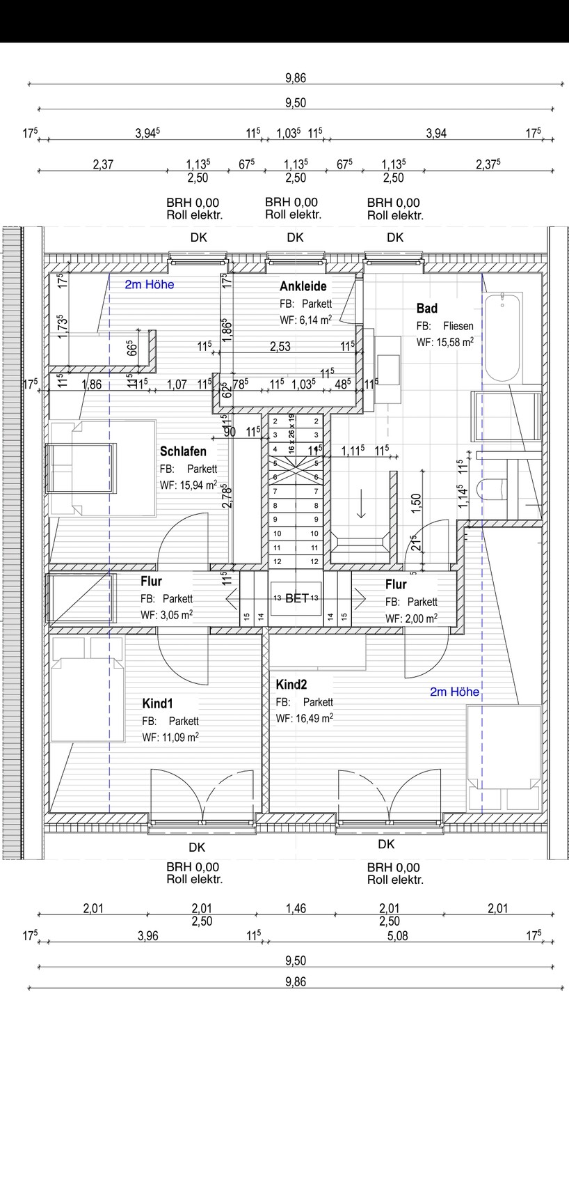 Grundriss eines Hauses: Schlafzimmer, Ankleide, Bad, Kind1, Kind2, Flure