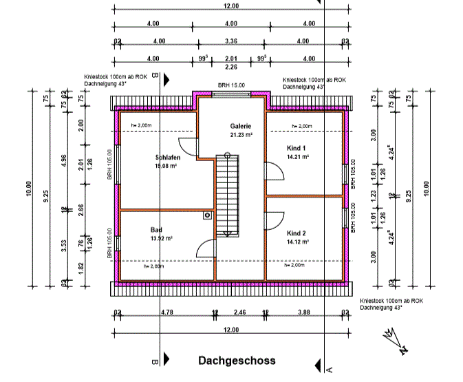 Dachgeschoss Grundriss mit Schlafzimmer, zwei Kinderzimmern, Bad und Galerie