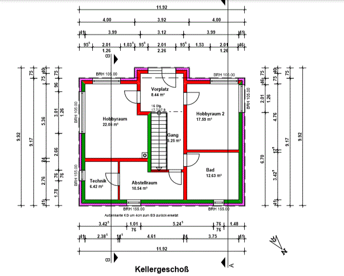 Kellergeschoss Grundriss mit Hobbyraum, Bad, Technikraum und Abstellraum