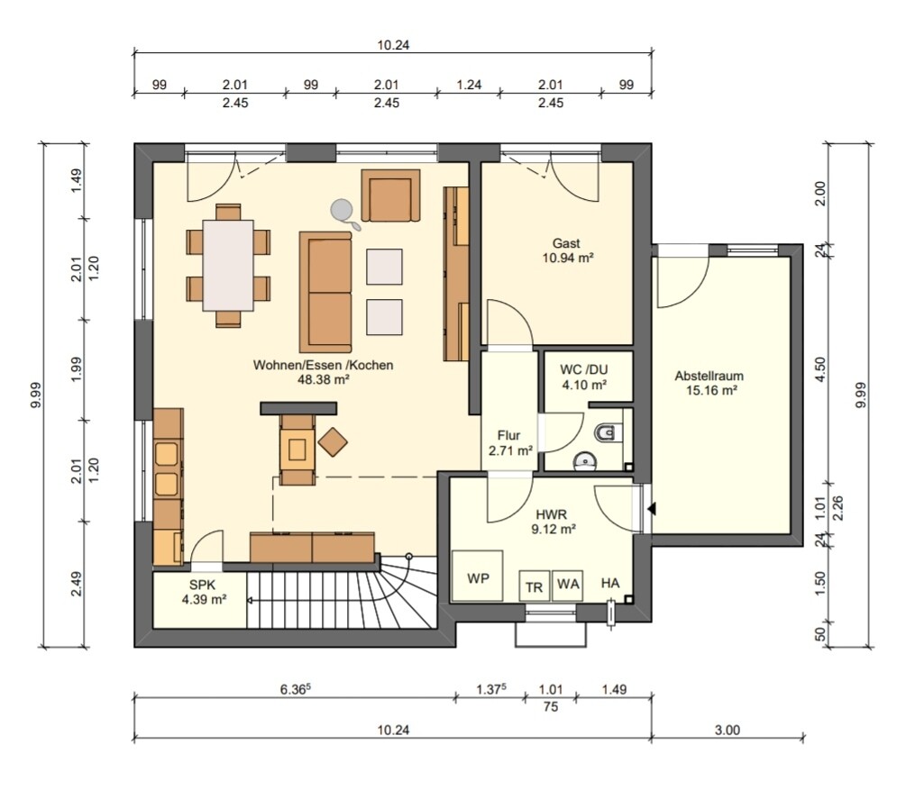 House floor plan: Open living/dining/kitchen area, Guest room, Storage room, Utility room, WC/shower, Corridor.