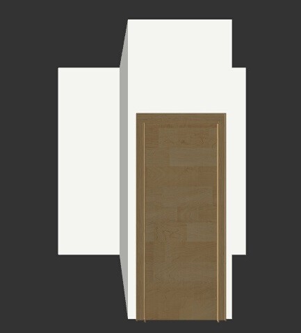 3D-Darstellung einer Holz-Innentür vor dunklem Hintergrund mit weißen Wandflächen