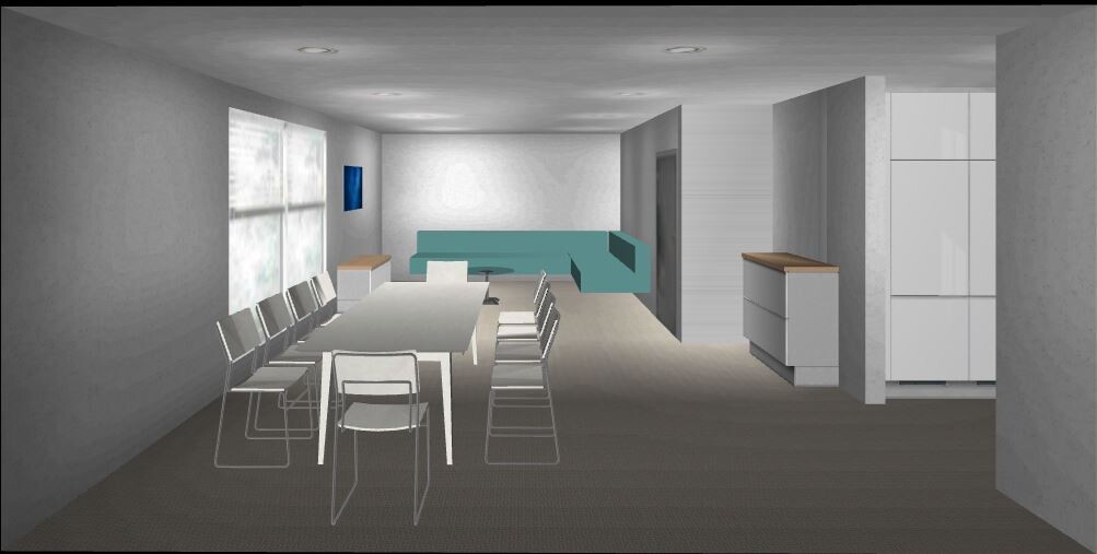 Moderner Wohn- und Essbereich mit langem Esstisch, weißen Stühlen und tealfarbener Sofa-Ecke.