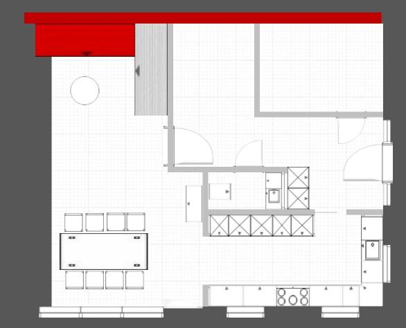 Floor plan of a kitchen: cooking island, sink, stove, sink cabinet, dining table with chairs.